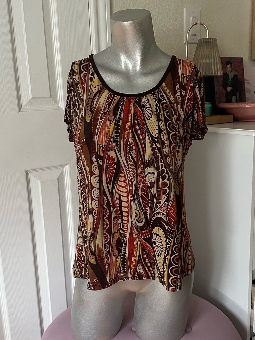 Vintage Shannon Ford Brown Orange & Yellow Whimsy Floral Paisley Print Top